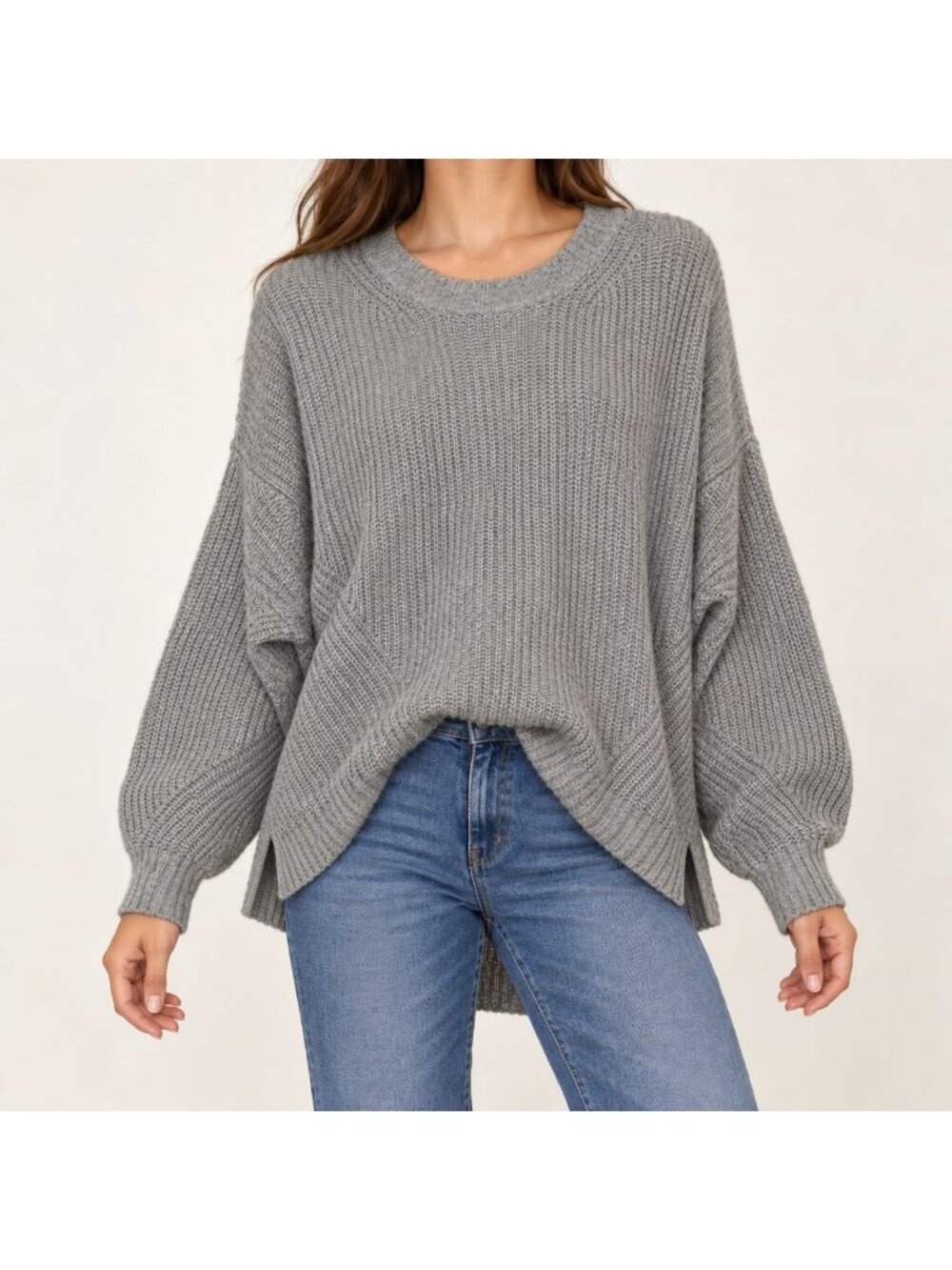 American Eagle Women's Gray Chunky Knit High-Low Oversized Boxy Sweater M